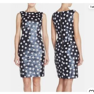 M by Maia Navy/White Stretch Sequin Polka Dot Exposed Back Zipper Sheath Dress 2